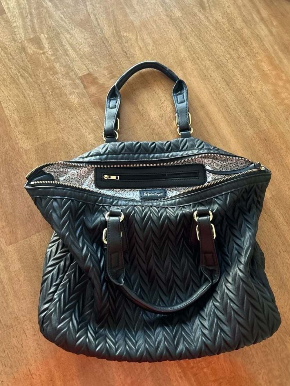 Moda Luxe Black Quilted Chevron Vegan Leather Satchel Tote Bag